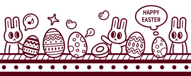 Vector illustration of Group of Easter Bunnies making Easter Eggs in a factory with production lines