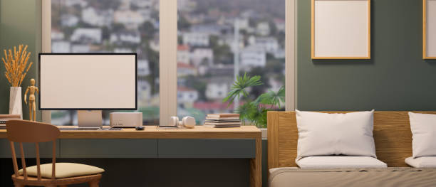 istock Modern minimal bedroom interior design with comfy bed and computer desk 1385597021