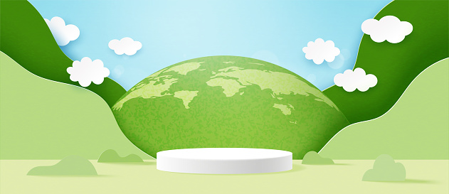 3d Cylinder podium on green nature landscape background.Earth Day or World Environment Day banner template background.Paper art vector illustration.