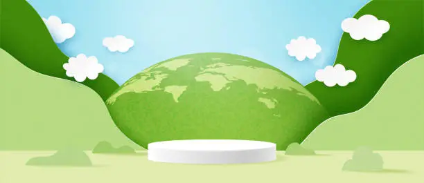 Vector illustration of 3d Cylinder podium on green nature landscape background.Earth Day or World Environment Day banner template background.