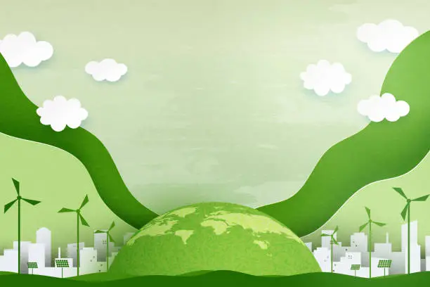 Vector illustration of Paper art of Sustainability in green eco city, alternative energy and ecology conservation concept.Vector illustration.