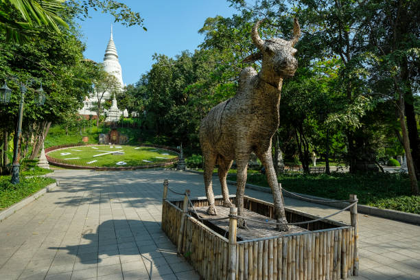 Phnom Penh, Cambodia - January 2022: Wat Phnom is a Buddhist temple and pagoda that symbolizes the name of Phnom Penh on January 22, 2022 in Phnom Penh, Cambodia.