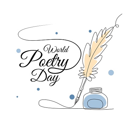 World Poetry Day, March 21. Vector illustration of inkwell and feather. continuous single line drawing.