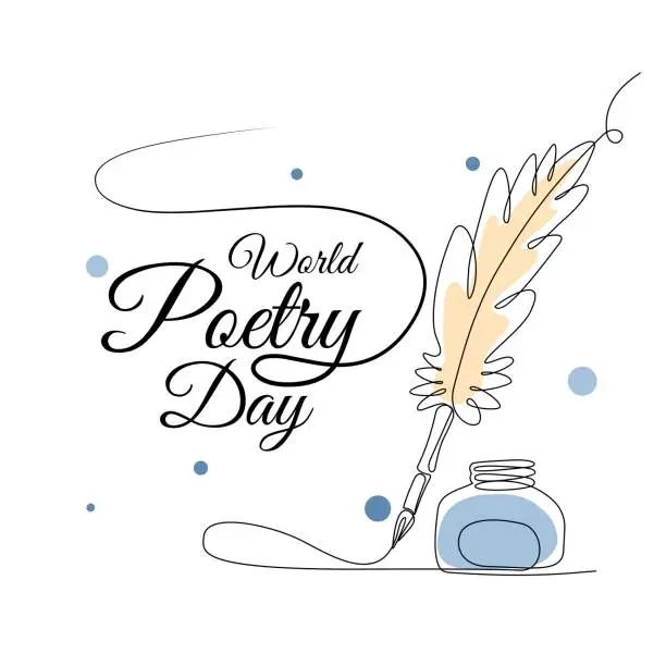 Vector illustration of World Poetry Day, March 21. Vector illustration of inkwell and feather. continuous single line drawing.