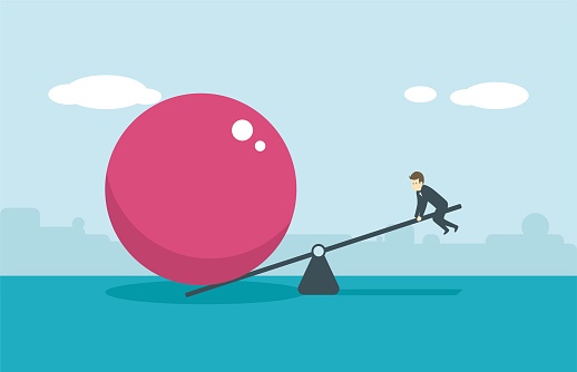 Compete on a seesaw with giant orbs, a vector illustration that can be split and enlarged