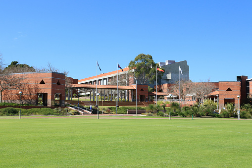 Perth, Australia - August 17 2021: Curtin University Bentley Campus from a Distance, Western Australia