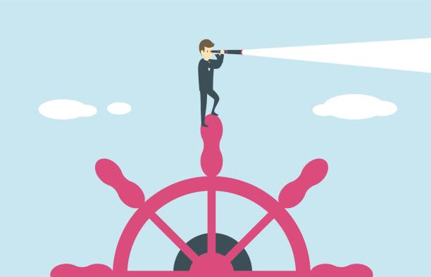 The Way Forward man on the rudder looking into the distance cartoon of a searching stock illustrations