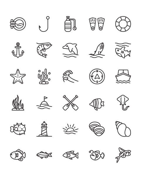 ocean icon set 30 изолирован на белом фоне - yellowback fusilier stock illustrations