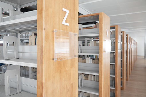 Bookshelves in a modern library.