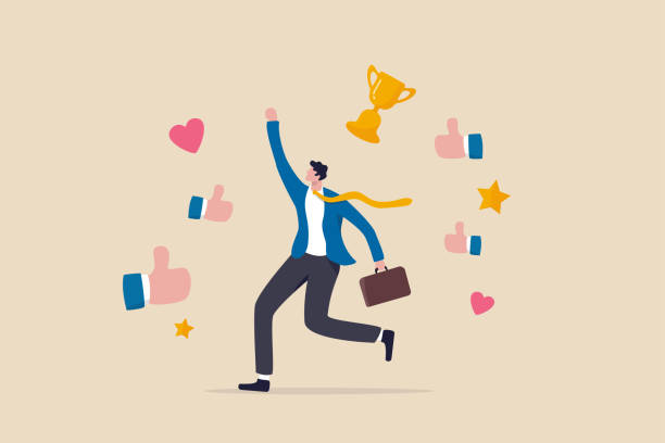 Appreciate high performance employee, good job or praising success staff, recognition or congratulation concept, cheerful success businessman with appreciation thumbs up applause, stars and trophy. Appreciate high performance employee, good job or praising success staff, recognition or congratulation concept, cheerful success businessman with appreciation thumbs up applause, stars and trophy. admiration stock illustrations