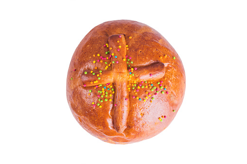 Traditional church holiday. Easter bread isolated on white background. Fresh bakery. Healthy food