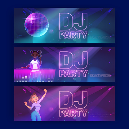 Dj party banners with disco ball, girl dance and mixer console. Vector invitation flyers to nightclub, music club, discotheque with cartoon illustration of woman dj with headphones in neon light