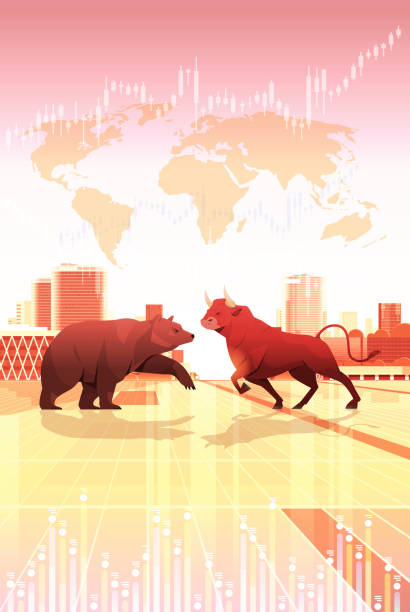 ilustraciones, imágenes clip art, dibujos animados e iconos de stock de toro de lidia enojado y oso en ataque plantean animales mamíferos peligrosos tendencia del mercado comercio de bolsa - stock market bull bull market bear