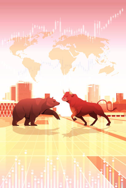 성난 싸움 황소와 공격 포즈 위험한 포유류 동물 시장 동향 증권 거래소 거래에 곰 - bull bull market bear stock exchange stock illustrations