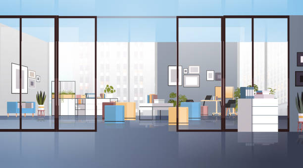 creative workplace modern cabinet empty no people office interior contemporary co-working center vector art illustration