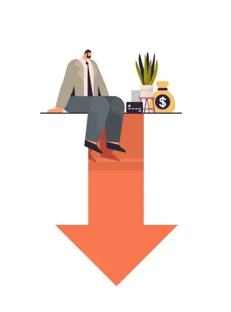 Vector illustration of businessman sitting on downward red arrow recession financial crisis bankruptcy concept