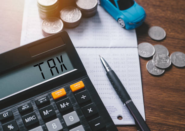 istock Miniature car model, coins stack, calculator and saving account book or financial statement on office desk table. Business, finance, saving money or car loan concept. 1385613126