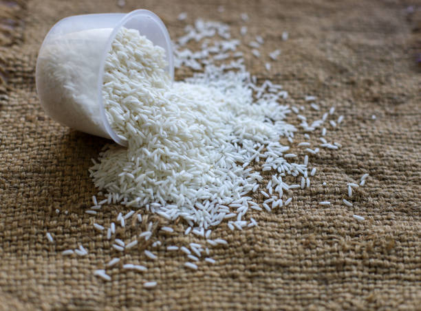 istock Close-up of sticky rice on burlap sack 1385615067