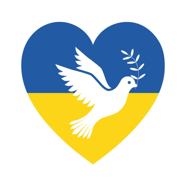 ilustrações, clipart, desenhos animados e ícones de silhueta de uma pomba branca no fundo da bandeira em forma de coração da ucrânia. ilustração vetorial isolada em um fundo branco para design e web. - praying flags