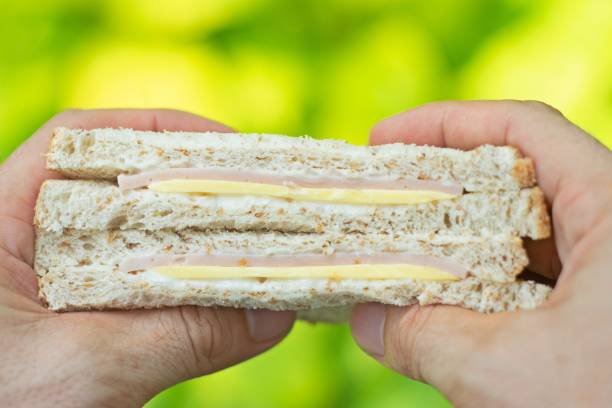 istock 2 Hands holding Ham and Cheese Sandwich - green background. 1385615171