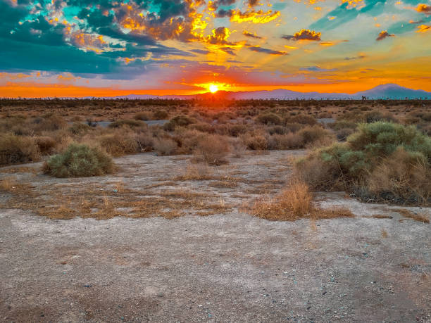 dramatic morning sunrise western desert area dry mountains sunshine horizon stock photo