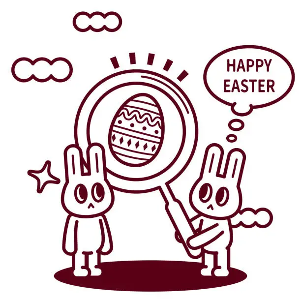 Vector illustration of Happy Easter bunny holding a big magnifying glass finding an Easter Egg