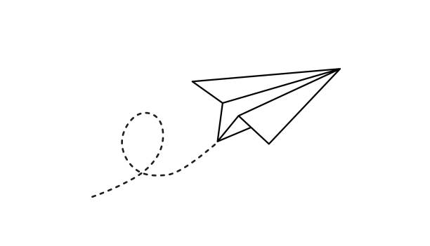 papierowa płaszczyzna z kropkowaną ikoną śladu. papierowy samolot, latający samolot na białym tle. ilustracja wektorowa. - simplicity paper airplane airplane journey stock illustrations