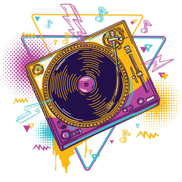 Funky colorful musical turntable 80s style design decorative vector artwork dj clipart stock illustrations