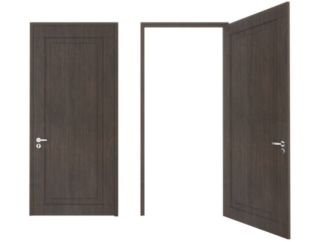 istock Closed and open doors, wood grain on a white background.,isolated door,3d rendering 1385623327