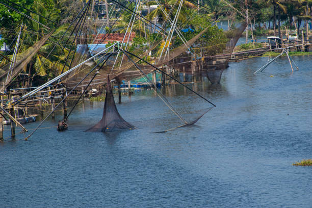 Chinese Fishing Nets in Cochin, India A panoramic view of Chinese Fishing Nets in Cochin, India cochin kerala india chinese fishing net stock pictures, royalty-free photos & images