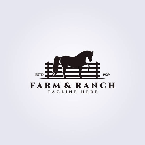 illustrations, cliparts, dessins animés et icônes de conception d’illustration vectorielle du logo de la ferme et du ranch, logo du cheval de clôture vintage - ranch