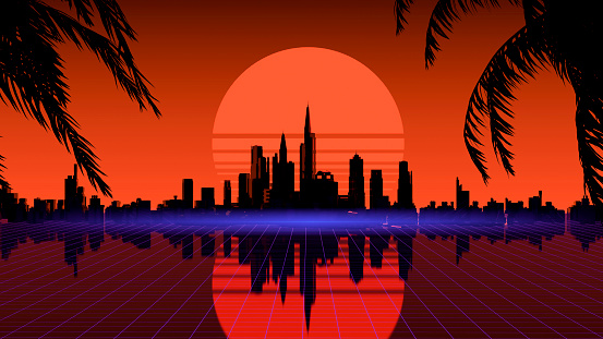 Retro wave city background. Neon night landscape with a futuristic city in the style and aesthetics of the 80s and 90s. Synthwave, cyberpunk, computer video games, concept. High quality illustration