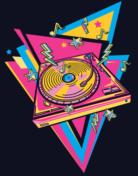 Colorful musical turntable emblem 80s style design decorative vector artwork dj decks stock illustrations