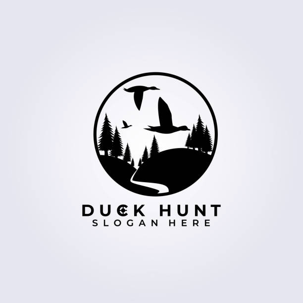 ilustrações de stock, clip art, desenhos animados e ícones de duck hunter logo vector illustration design, duck hunt template logo, pine tree in black - marreco