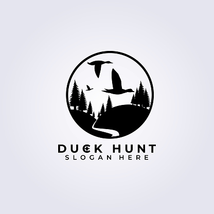 Duck hunter logo vector illustration design, duck hunt template logo, pine tree in black