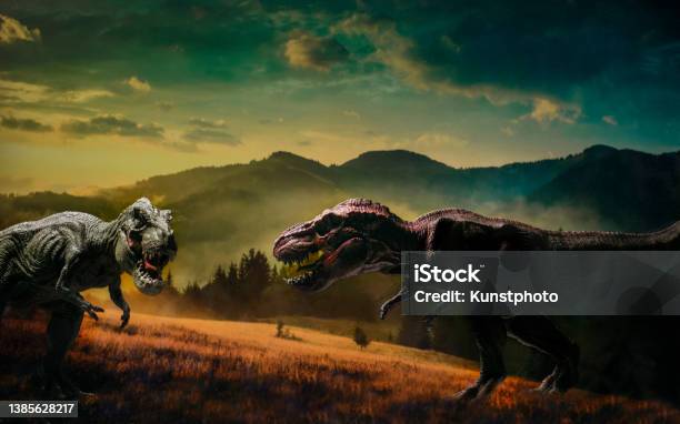 Clash Of The Titans Stock Photo - Download Image Now - Tyrannosaurus Rex, Animals Hunting, Prehistoric Era