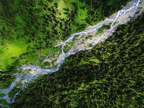 Aerial view of a vast river valley in the mountains overgrown with dense forest. Hunting and National Park and wildlife reserve