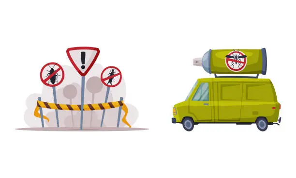 Vector illustration of Pest Control Service with Van Vehicle and Restriction Sign on Pole Vector Set