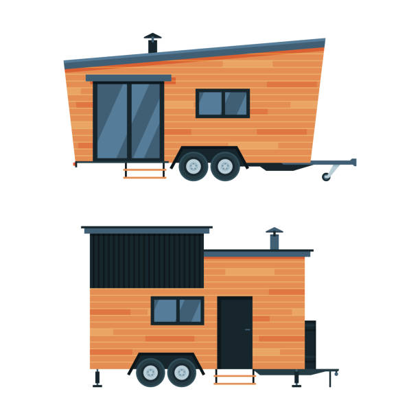 istock Caravan or Travel Trailer as Towed Behind Road Vehicle Side View Vector Set 1385633191