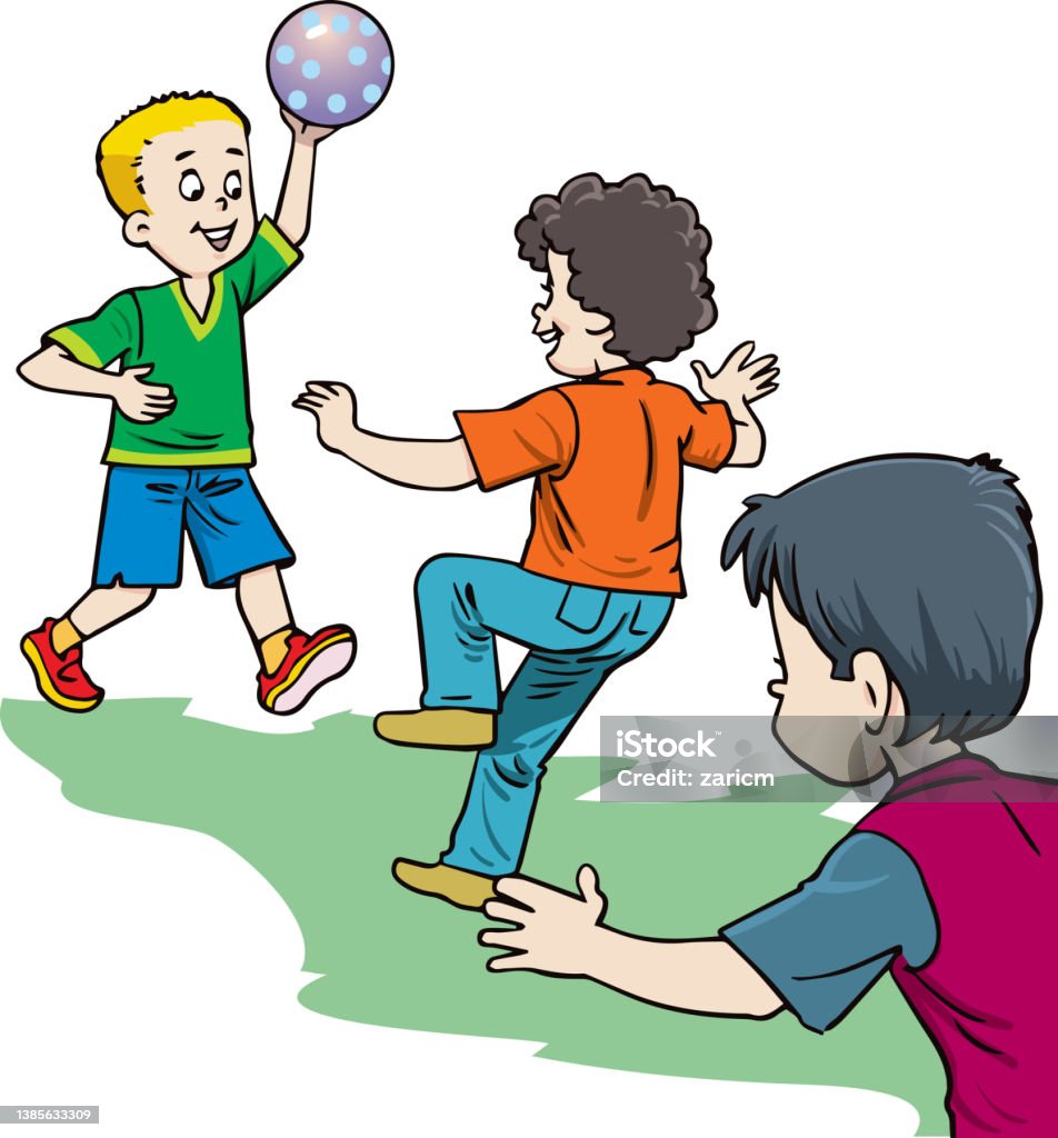 Cartoon Boys Playing Dodgeball Vector Clip Art Illustration On A White