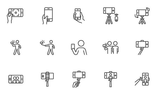 sada ikon čáry selfie fotografií - selfie stock ilustrace