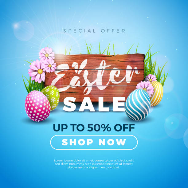 Easter Sale Illustration with Color Painted Egg and Spring Flower on Blue Background. Vector Easter Holiday Design Template for Coupon, Banner, Voucher or Promotional Poster. vector art illustration