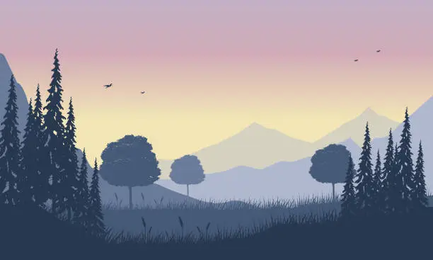 Vector illustration of Realistic mountain panorama with surrounding trees and grass silhouettes