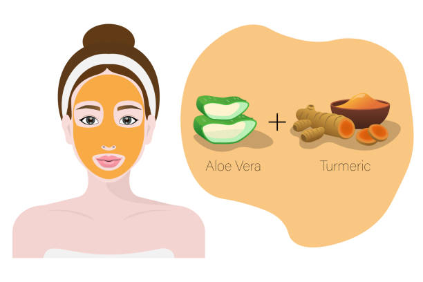 自然な顔のマスク、顔の治療、化粧品、アロエベラとウコンを持つ女性 - mixed herbs点のイラスト素材／クリップアート素材／マンガ素材／アイコン素材
