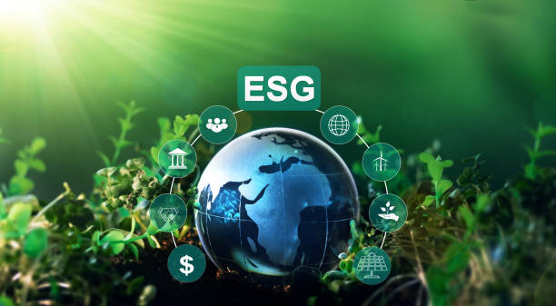 istock Environment social and governance in sustainable and ethical business. Crystal globe with ESG icons. Using technology of renewable resource to reduce pollution 1385641099