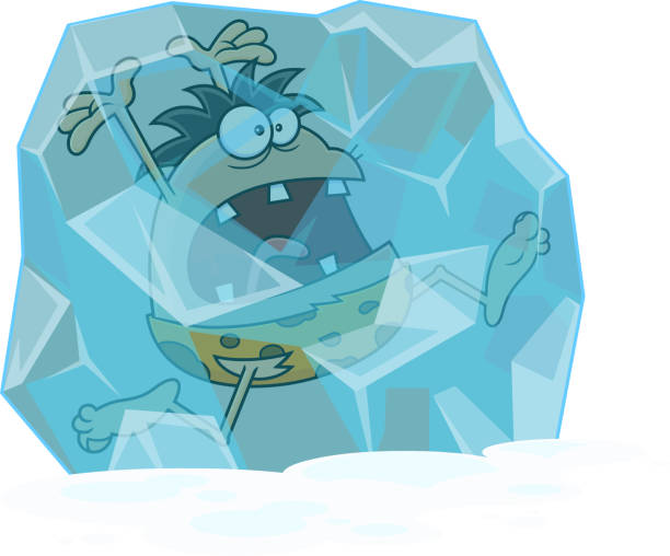 ilustraciones, imágenes clip art, dibujos animados e iconos de stock de personaje de dibujos animados de frozen caveman en un bloque de hielo - 13427