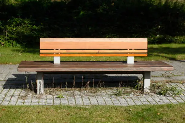 Modern wooden bench in a park, Germany, Europe