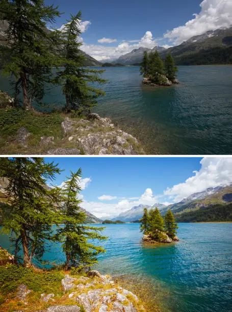 Amazing view on azure lake Silsersee (Sils) and peak Piz Corvatsch. Location Swiss alps, Switzerland, Europe. Nature landscape. Beauty earth. Images before and after. Original or retouch.