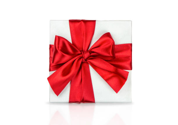 Box with red bow for decoration. Promotional template. Holiday concept. Creative modern design.