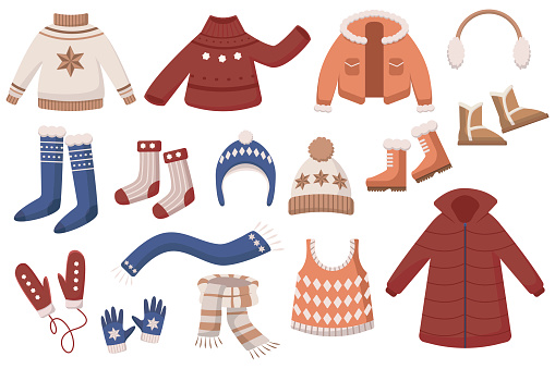Warm woolen clothes vector illustrations set. Cute cartoon doodles with female winter wear, sweaters or jumpers, boots, hats, scarves, gloves and mittens, jacket, coat, socks. Seasons, fashion concept